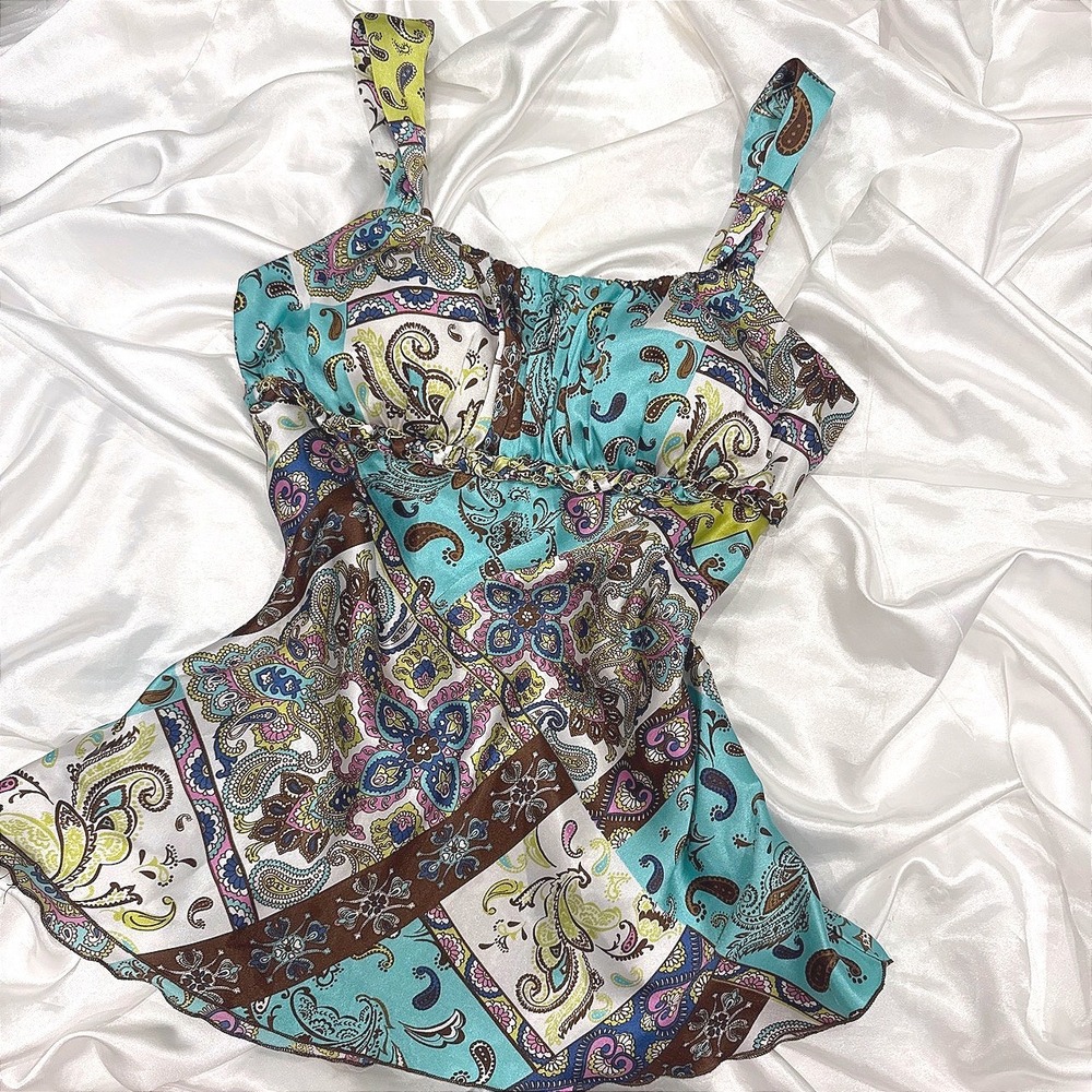 IZ Byer California Paisley Satin Empire Waist Chain Cami Top Turquoise Brown M